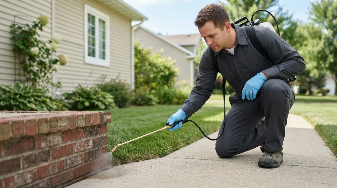 Pest control technician treating a home near Woolwich, ME