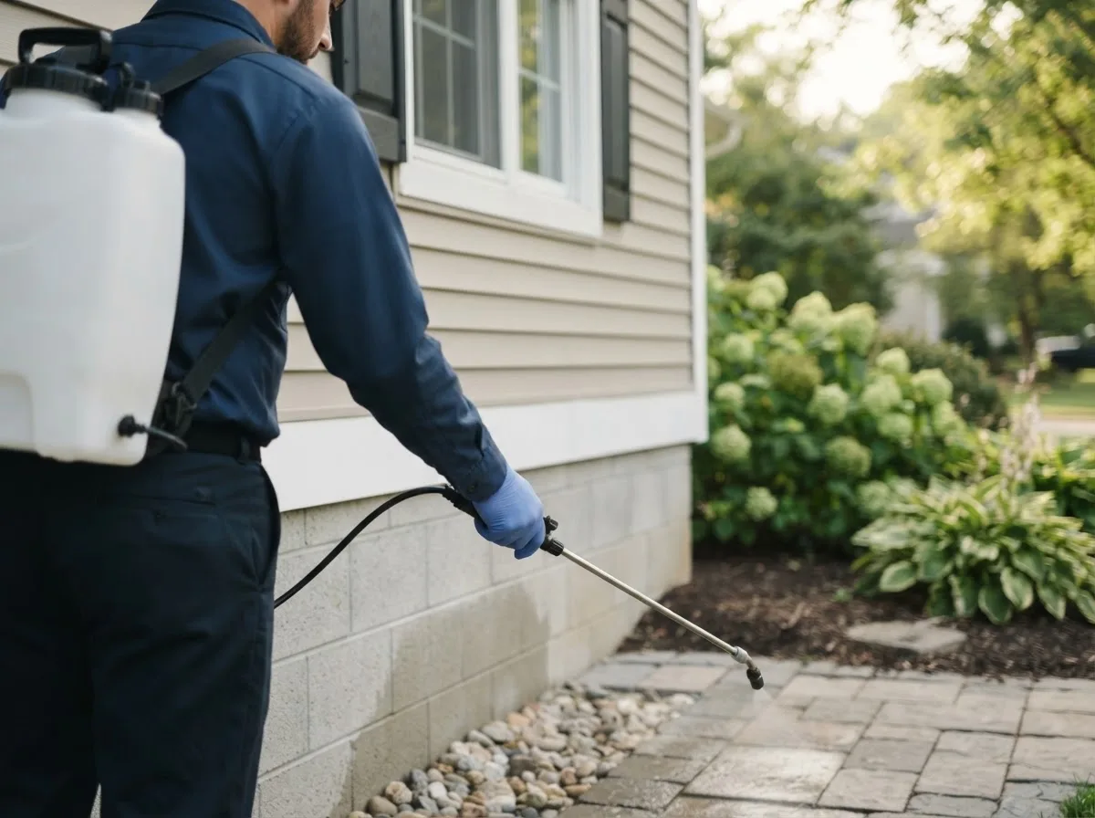 Pest control technician inspecting a home in Woolwich, ME